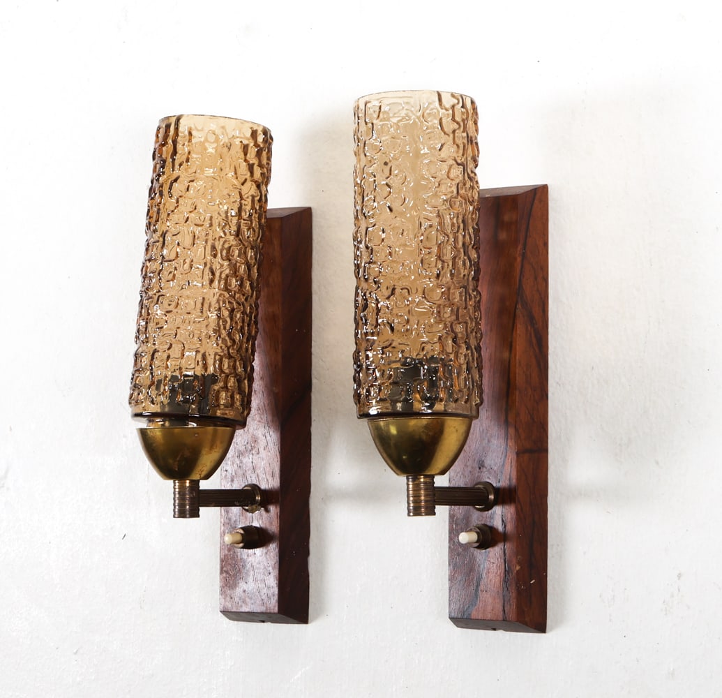 PAIR DANISH ROSEWOOD & GLASS WALL SCONCES (1 of 13)