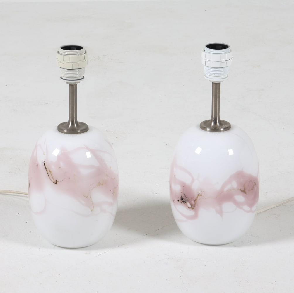 PAIR HOLMEGAARD SAKURA GLASS TABLE LAMPS: Label to underside. Dimensions: H 13" x Dia 6" Condition: Minor surface soiling. Cut wires. Untested. Presents well overall.