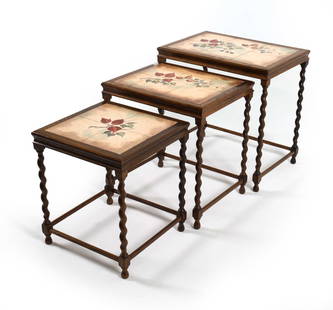 DANISH OAK & TILE NESTING TABLES C. 1970S: (3) Nesting tables in oak with painted ceramic tile tops. Barely twist legs, Dimensions: Largest H 20.5" x W 20.5" x D 14.5". Condition: Few water spots to wood. Wear consistent with age and use.