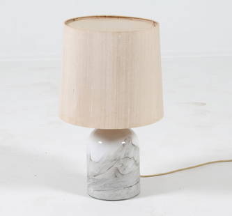 HOLMEGAARD ART GLASS TABLE LAMP C. 1970S: Label to underside. dimensions: (with shade) H 20.25" x Dia 12" Condition: Tarnishing to brass, discoloration and blemishes to shade. Cut wire. Untested. Presents well overall.