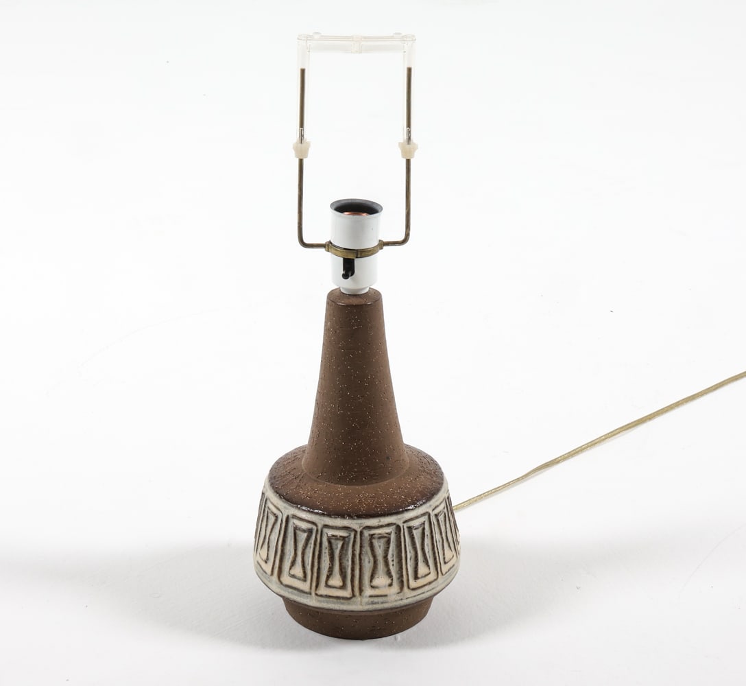 MICHAEL ANDERSEN DANISH STONEWARE TABLE LAMP: Stamped to underside. Dimensions: H 18.5" x Dia 6.75" Condition: Slight tarnishing to brass harp. Cut wire, Untested. Presents well overall.