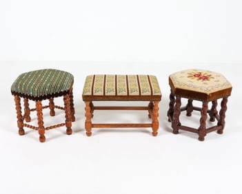 SCANDINAVIAN NEEDLEPOINT TURNED LEG STOOLS