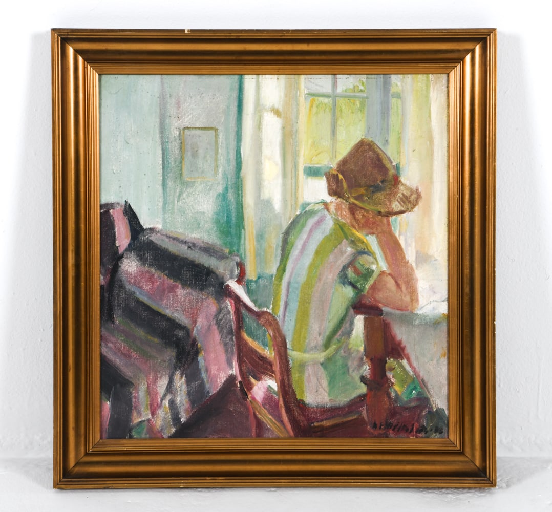 20TH C. DANISH FIGURATIVE O/C PAINTING: Signed indistinctly to corner. Dated 88. Frame: H 27" x W 25.5" Canvas: H 22" x W 21" Condition: Slight blemishes throughout canvas. Nicks and dings to frame. Wear consistent with age and use.