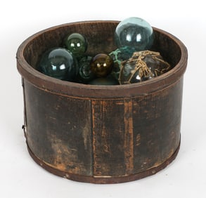 ANTIQUE WOODEN CANISTER & GLASS FISHING FLOATS
