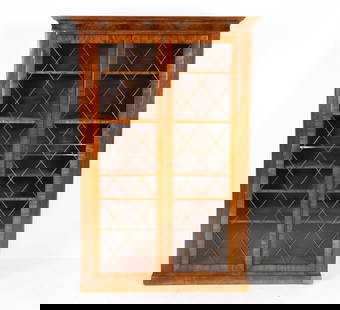 ANTIQUE MAHOGANY & GLASS BOOK CASE: Mahogany veneer with glass panel doors and lattice decoration over the glass panels. Adjustable shelves. Late 19th or early 20th century. Dimensions: H 77" x W 47" x D 12.75". Condition: Split to mold