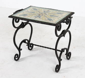 WROUGHT IRON TILE TOP SIDE TABE: Wrought iron side table with painted tiles to top. Glass top cover. Dimensions: H 18.25" x W 21.5" x D 14.5". Condition: Peeling to paint on tiles. Small dings to glass on corners. Wear consistent wit