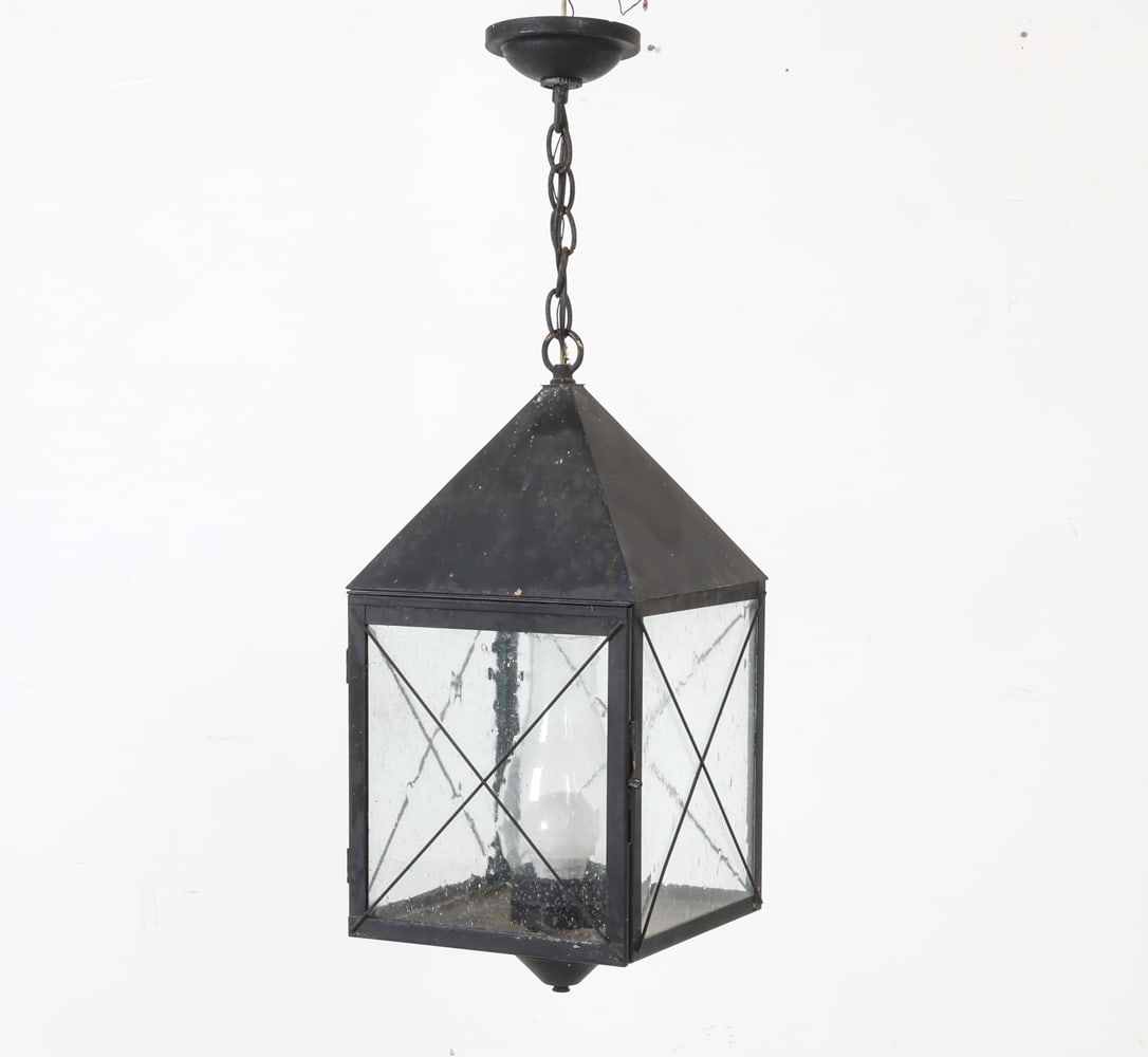 LANTERN OUTDOOR CEILING PENDANT LIGHT: Dimensions: H 17.5" x W 9.5" x D 9.5". Condition: Scuffs and scratches, some surface soiling to glass. Wear consistent with age and outdoor use.