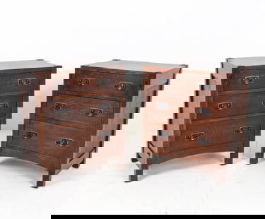 PAIR OF STICKLEY MISSION OAK NIGHTSTANDS: From the Mission Collection. Contemporary, Tagged to inside of top drawers. Hammered copper drawer pulls. Dimensions: H 27.5" x W 22" x D 17.5". Condition: Minor scuffs and scratches, wear consistent