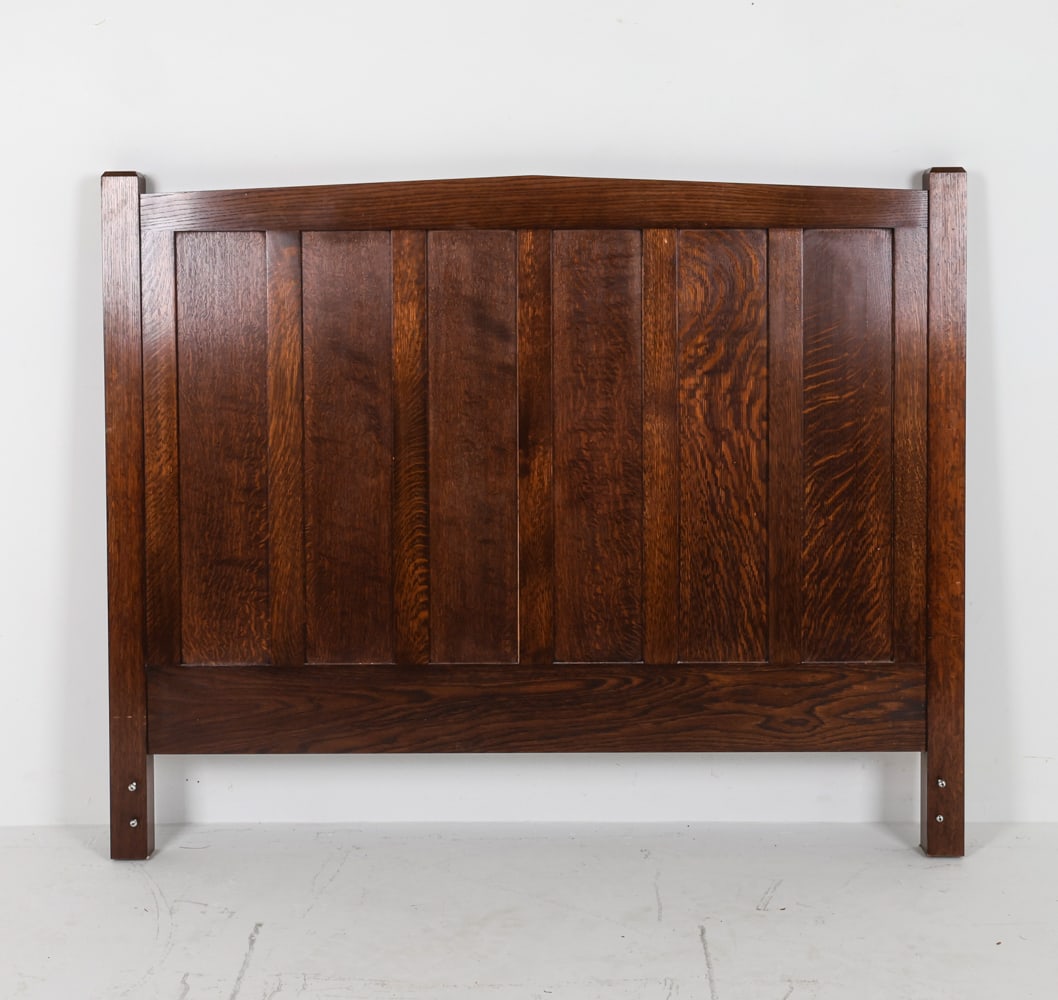 ARTS & CRAFTS MISSION OAK STYLE HEADBOARD: Dimensions: H 46.5" x W 57". Condition: No hardware included. Minor scuffs and scratches.