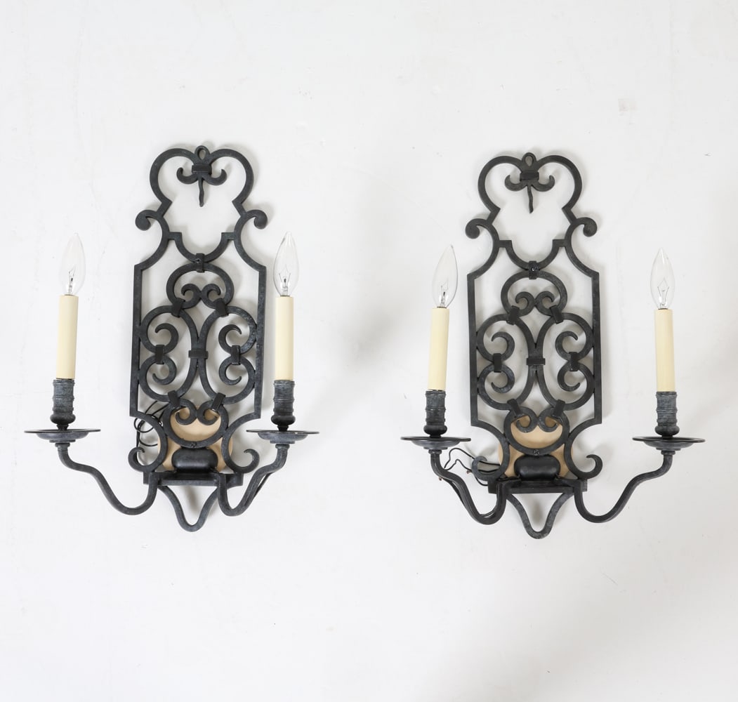 PAIR OF FRENCH STYLE WROUGHT IRON SCONCES: Dimensions: H 21" x W 13.5" x D 7.5". Condition: Wiring untested. Minor scuffs and rubs to metal. Wear consistent with age and use.