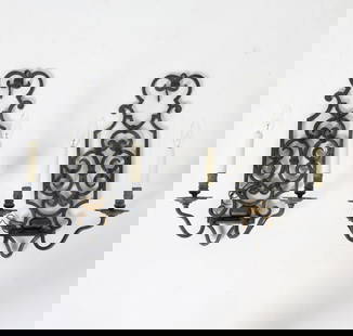 PAIR OF FRENCH STYLE WROUGHT IRON SCONCES: Dimensions: H 21" x W 13.5" x D 7.5". Condition: Wiring untested. Minor scuffs and rubs to metal. Wear consistent with age and use.