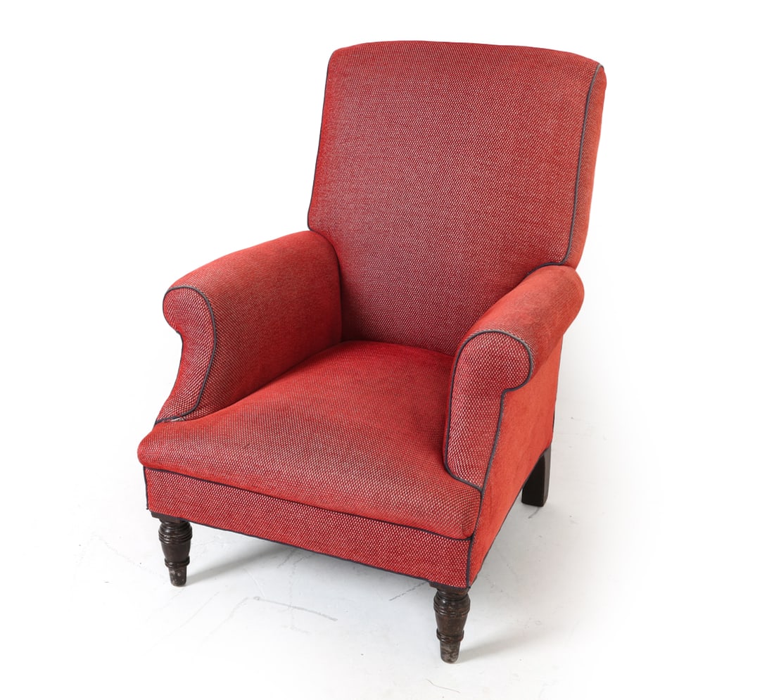 HIGH BACK LOUNGE CHAIR: Turned oak legs with recent wool upholstery. Dimensions: H 36.5" x W 28" x D 28" x SH 13.75". Condition: Scuffs and rubs to legs. Wear consistent with age and use.