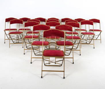 (18) VINTAGE A. FRITZ & CO. METAL FOLDING CHAIRS: Metal frames with gold-tone finish with red velour upholstery. Dimensions: H 32" x W 16.5" x D 13" x SH 18". Condition: Minor rubs to velour upholstery. Few scuffs and scratches to frames. Wear consis
