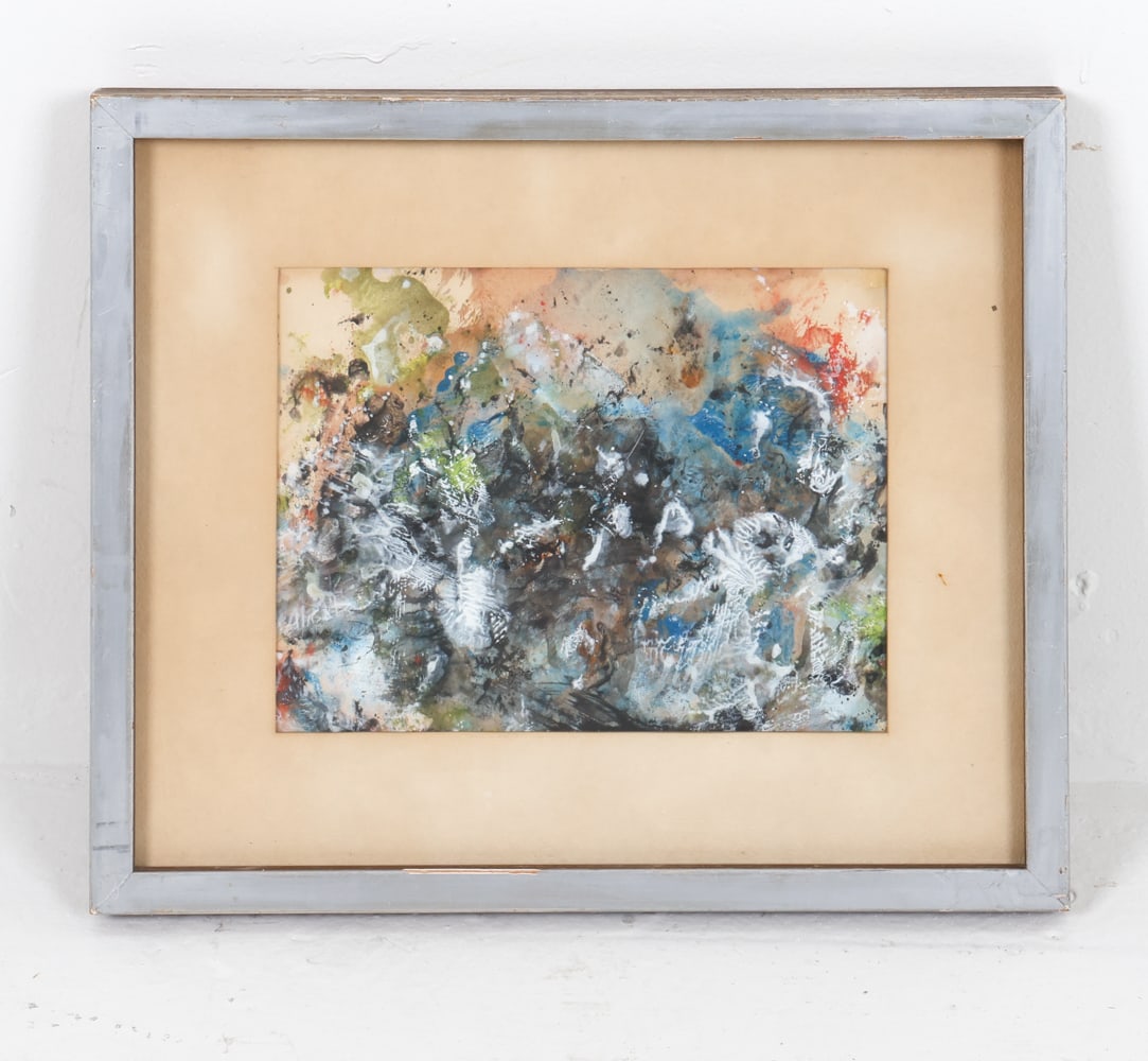 MID-CENTURY ABSTRACT OIL ON PAPER PAINTING: Apparently unsigned. Dimensions: Frame H 12" x W 14.5". Sight H 7" x W 9". Condition: Loose in frame, not examined out of frame. Scuffs and scratches to frame. Minor scuffs to glass.