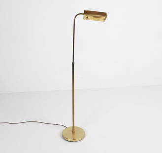 BRASS FLOOR LAMP: Adjustable height and shade position. Dimensions: Tallest H 52" x W 17" x D 10". Condition: Wiring untested. Few scuffs and scratches to metal. Wear consistent with age and use.