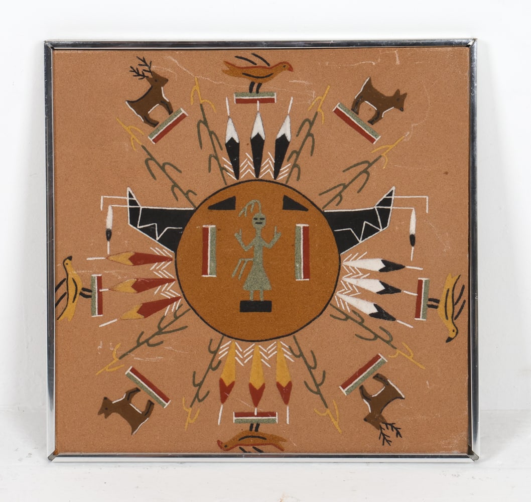 AGNES TOLEDO (20TH C.) NAVAJO SAND PAINTING: Titled on back 'Chiricahua Sun'. Description and explanation of symbolism on back. Signed on back. Dimensions: Frame H 16.5" x W 16.5". Sight H 15.75" x W `5.75". Condition: Not examined out of frame.