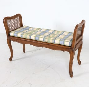 VINTAGE FRENCH STYLE OAK & CANE HALL BENCH