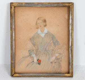 ANTIQUE 19TH C. OIL PASTEL PORTRAIT OF A GIRL