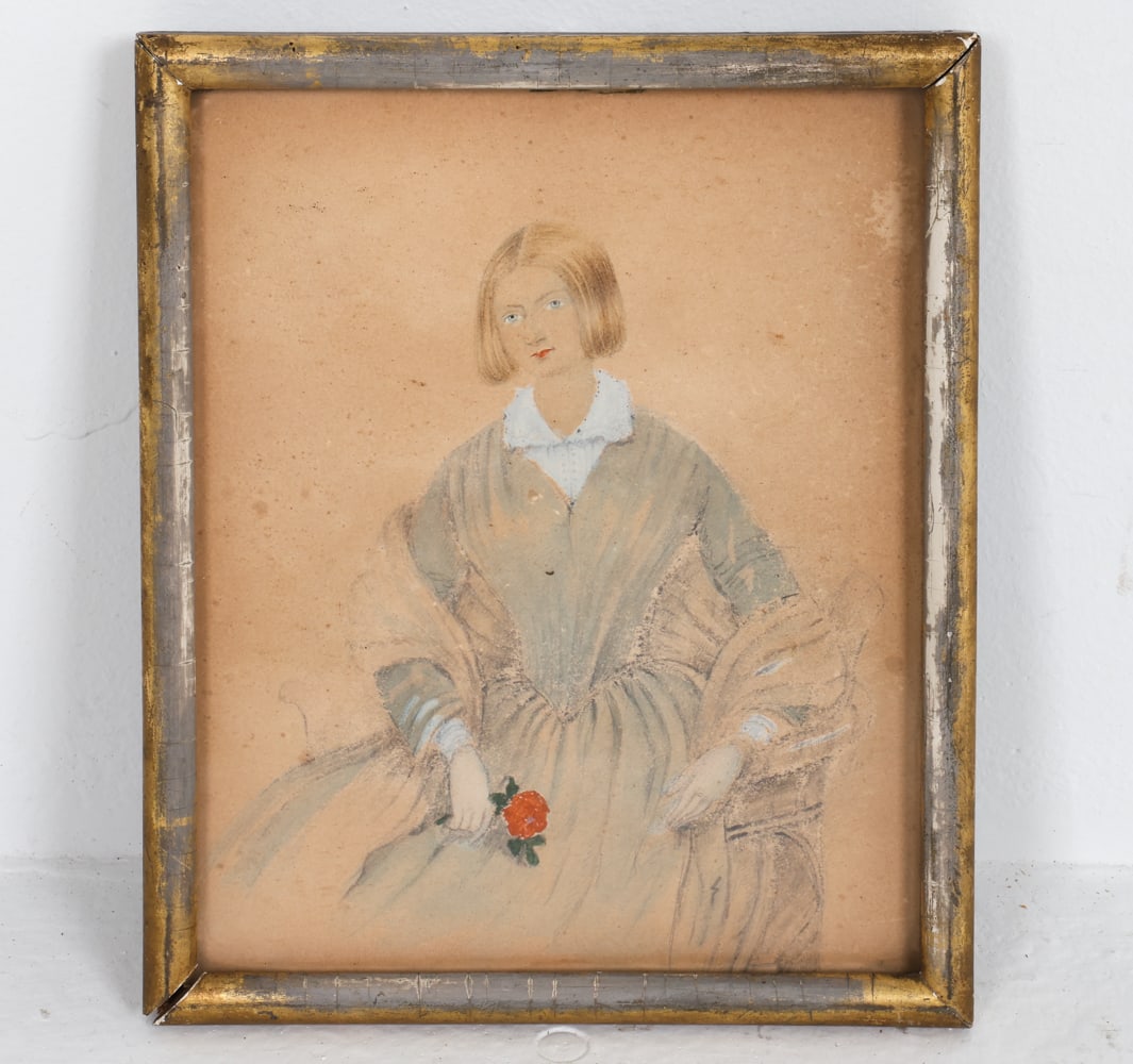 ANTIQUE 19TH C. OIL PASTEL PORTRAIT OF A GIRL: Portrait of a girl in blue holding a flower. No apparent signature. Dimensions: Frame H 10.5" x W 8.5". Sight H 9.5" x W 7.5". Condition: Loose in frame, not examined out of frame. Scuffs and dings to