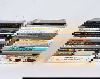 COFFEE TABLE ART BOOK GROUPING: Grouping of coffee table books with art history and retrospective topics. Dimensions: As Displayed in Stack H 12" x W 27". Condition: Some discoloration and tears to dust covers. Wear consistent with