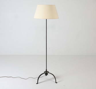 WROUGHT IRON FLOOR LAMP: Dimensions: H 63" x Dia. Base 15.5". Condition: Wiring untested. Minor scuffs to metal. Wear consistent with age and use.