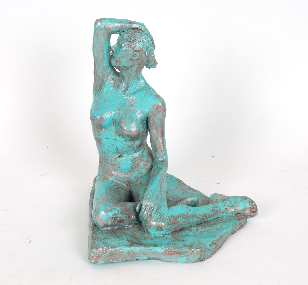 JOSEPH FELDMAN (20TH C.) FEMALE NUDE SCULPTURE: Painted ceramic sculpture of a kneeling lady. Dimensions: H 12" x W 9" x D 10". Condition: Minor scuffs and rubs to finish.