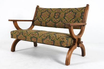 GERMAN OAK & WOOL BENCH C. 1970S