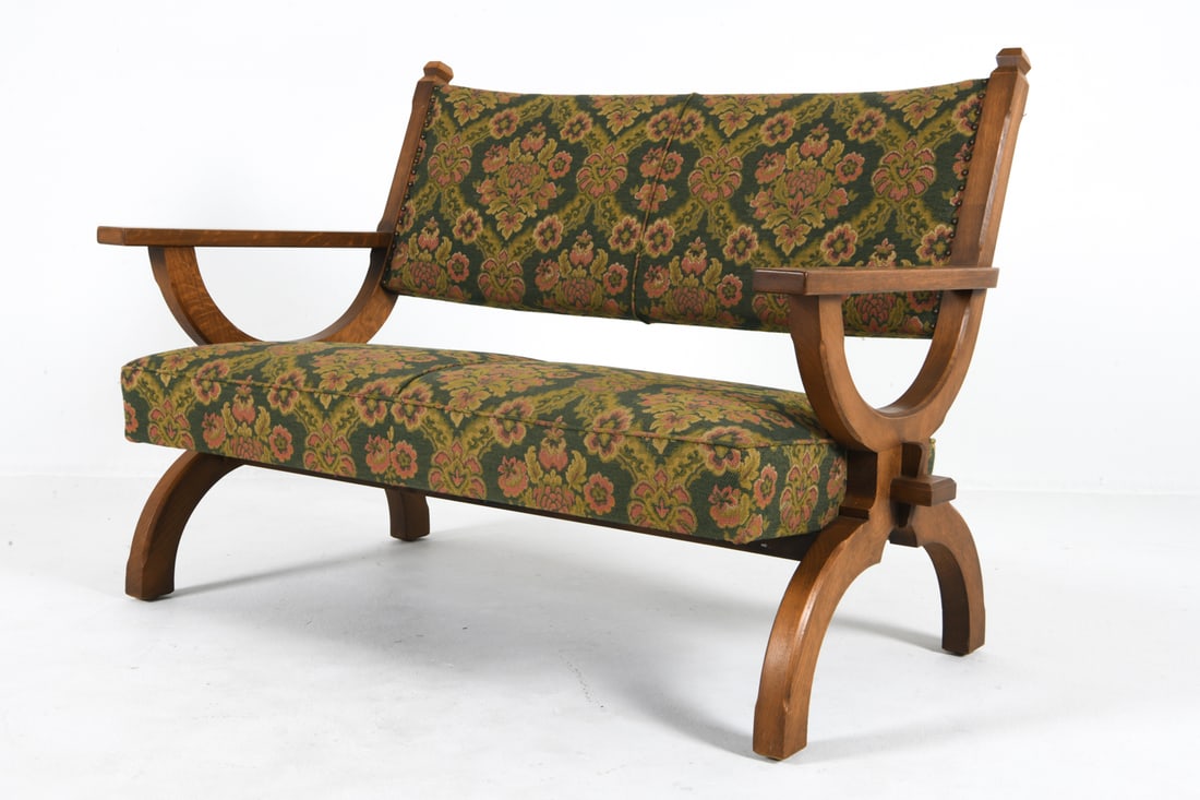 GERMAN OAK & WOOL BENCH C. 1970S (1 of 16)