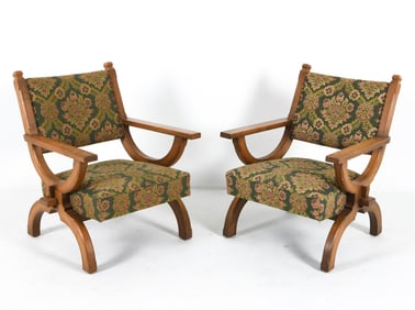 PAIR GERMAN OAK & WOOL LOUNGE CHAIRS C. 1970S