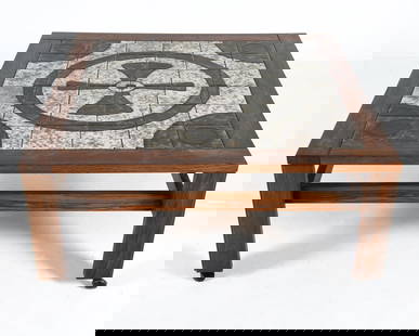 BRITT SALLINGBOE DANISH BEECH & TILE COFFEE TABLE: Circa 1960s. Signed. Black & blue stone top. Dimensions: H 21" x Dia 46" Condition: Light rubbing and marks to beech frame. Presents well overall. CLA002