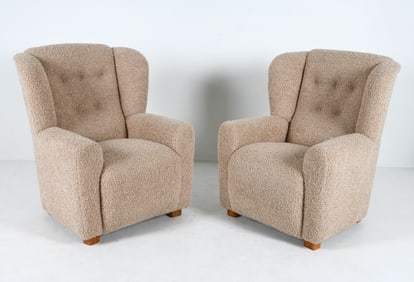 PAIR SCANDINAVIAN LAMBSWOOL WINGBACK LOUNGE CHAIRS