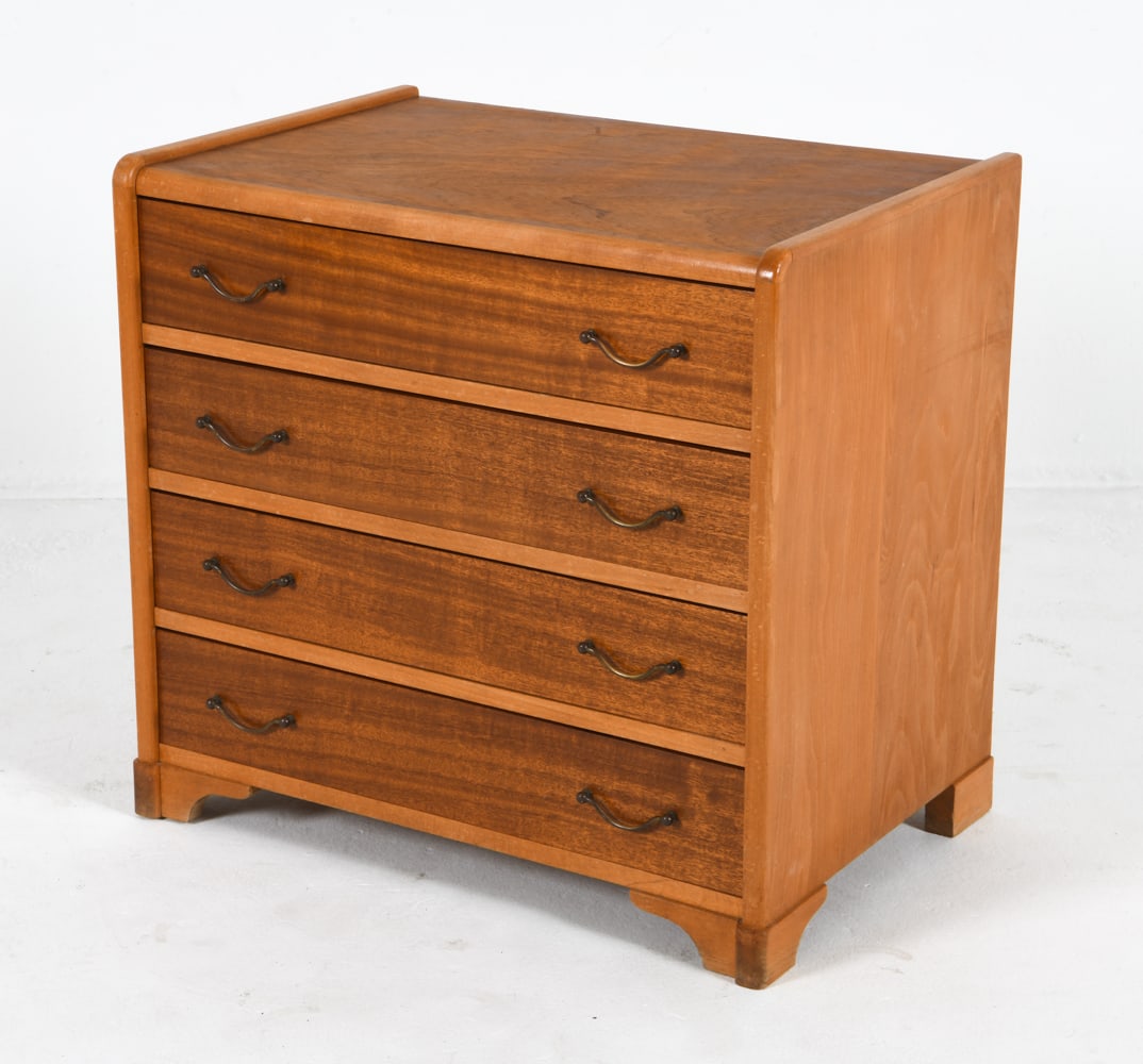 DANISH TEAK CHEST OF DRAWERS C. 1960S: Brass pulls with contrasting drawer and frame. Dimensions: H 25" x W 27.25" x D 18" Condition: Rubbing and scuffs to edges. Light scratches. Wear consistent with age and use.