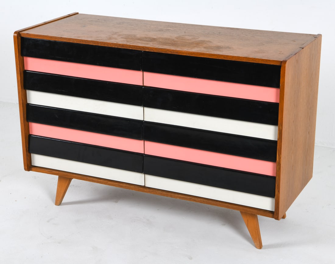 JIRI JIROUTEK 'U-450' CZECH TEAK SIDEBOARD C.1960S: With Pink & white colored drawer fronts. Label to backside. Dimensions: H 30" x W 43.5" x D17.75" Condition: Moderate blemishes and water marks to surface. Wear consistent with age and use.