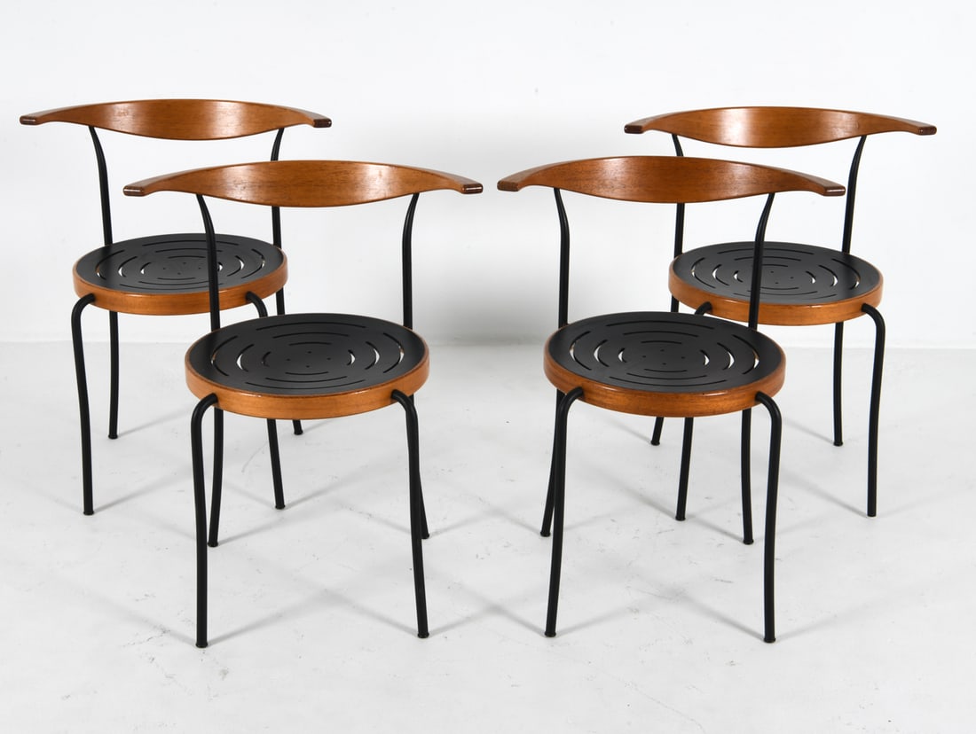 (4) MAGNUS OLESEN 'PARTOUT' DANISH TEAK CHAIRS: Designed af Rud Thygesen & Johnny Sorensen Denmark. Labels to undersides. Teak back rest and seat with black-tone metal frame. Dimensions: H 27.5" x W 23" x D 16", SH 17.5" Condition: Scattered scratc