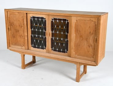 DANISH MID-CENTURY OAK & LEADED GLASS SIDEBOARD