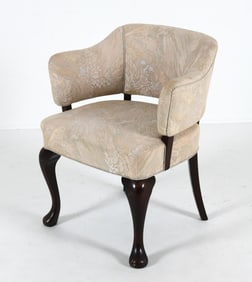VINTAGE ENGLISH MAHOGANY & WOOL ARMCHAIR C. 1940S