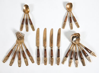 THAI TEAK & BRONZE BUDDHA FLATWARE GROUPING
