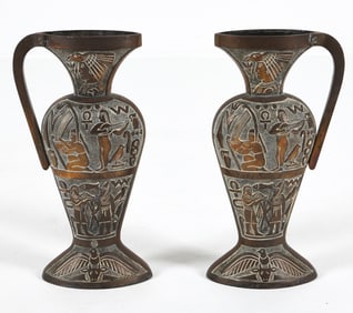 PAIR EGYPTIAN REVIVAL BRONZE EWER PITCHERS