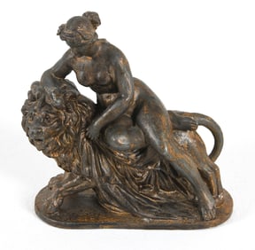 19TH C. LION & FEMALE NUDE FIGURAL SCULPTURE