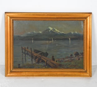 J. RABEN (DANISH 20TH C.) BOAT DOCK O/B PAINTING