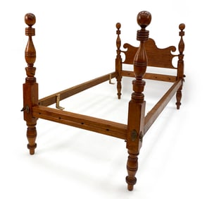 ANTIQUE CHERRYWOOD CANNONBALL TWIN BED FRAME