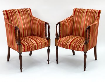 PAIR SHERATON STYLE INLAID MAHOGANY ARMCHAIRS