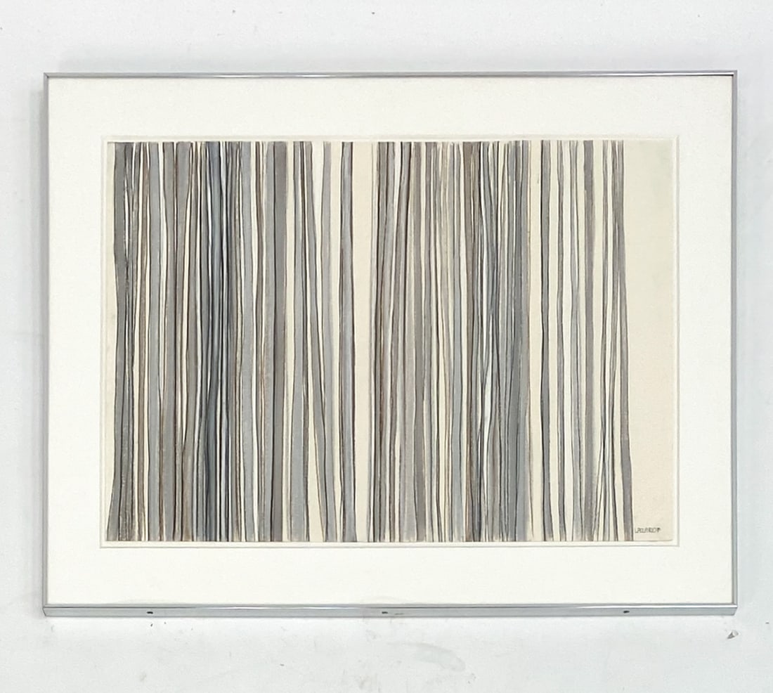 ELEANORE LAZAROF BERMAN (1928-2004) PASTEL: This painting is part of her "Encounter" series features striped abstract artwork. Signed lower right, signed, dated 1972, and numbered on verso. Dimensions: (Frame) H 25.25" x W 32.25" (Sight) H 19"