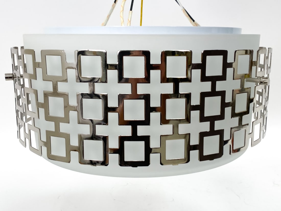 JONATHAN ADLER NIXON NICKEL & GLASS CEILING LIGHT: Round milk glass shade with nickel hardware and exterior square pattern. Includes ceiling mount, detached. Apparently unsigned. Dimensions: H 7.25" x Dia 15.5" Condition: Very light handling wear and