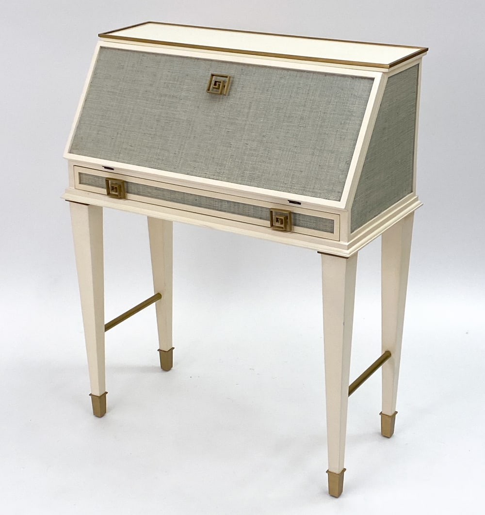 JONATHAN ADLER SECRETARY DESK: Features spiral brass-tone handles, blue woven door/drawer fronts, and a drop down desk with small interior shelves and drawers. Jonathan Adler label inside drawer. Dimensions: H 41.75" x W 33.25" x D