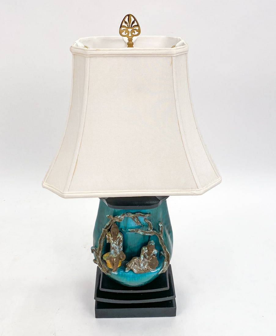 MARCELLO FANTONI CHINESE SCHOLARS CERAMIC LAMP: Dimensions: Base - W 9" x H 32" x L 5.5" Shade - W 16" x H 12" x L 10" Condition: One arm and one eye broken off one of the figures, as well as some additional chips in other parts. Some very minor pa