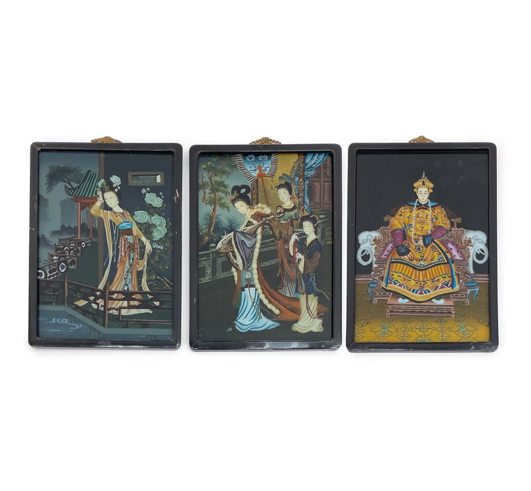 GROUPING OF CHINESE REVERSE PAINTINGS ON GLASS: Grouping of 3 paintings depicting Chinese figures who appear to be royalty. Dimensions: H 28" x L 19.25", H 23" x L17", H 23" x L17" Condition: Some chips, scratches, and scuffs in the frames.