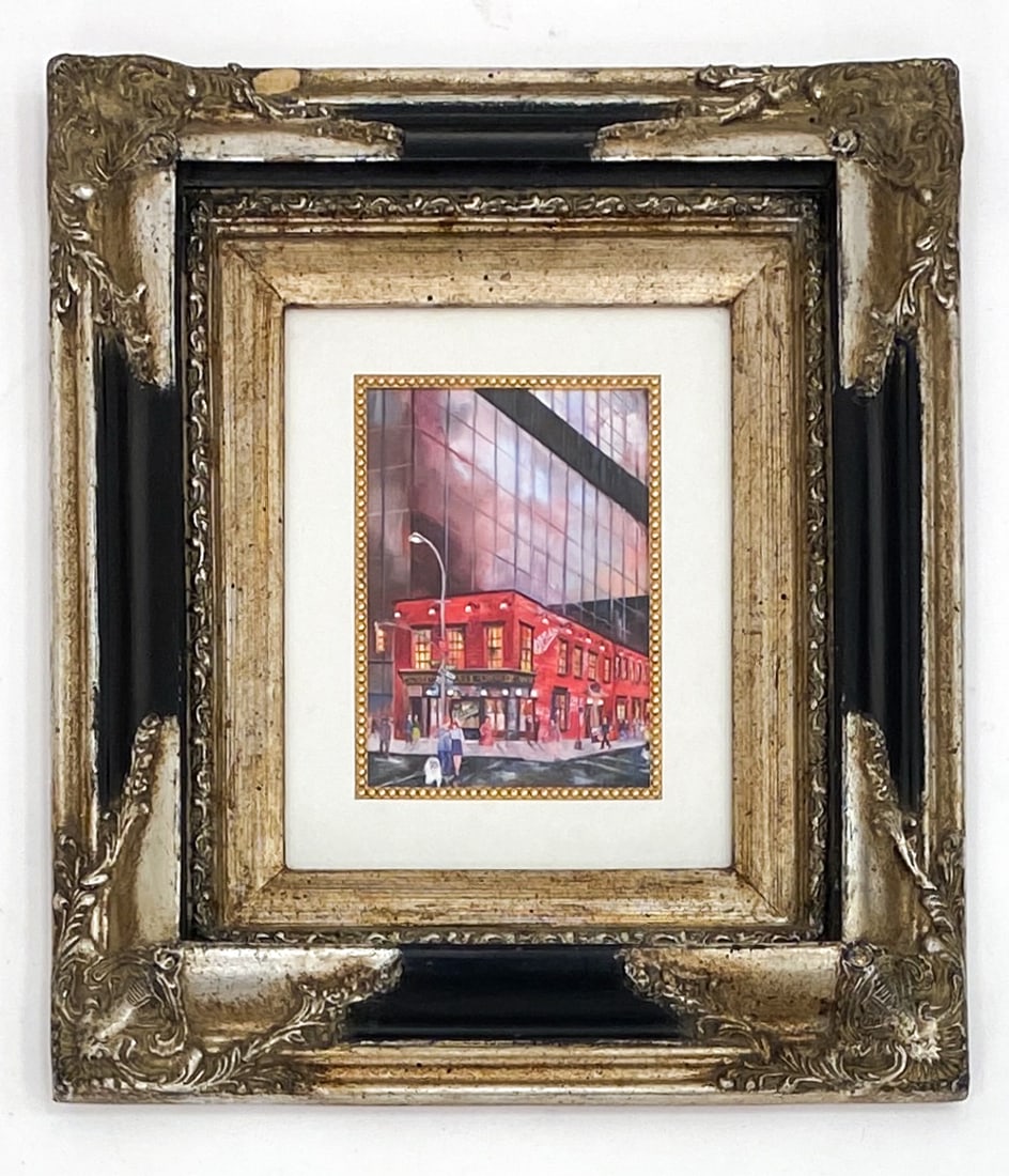 GAIL INGIS CLAUS P. J. CLARKES 3RD AVE WATERCOLOR: Signed and dated lower right. With Business card verso. Dimensions: (Frame) H 17" x W 15.5" (Sight) H 12.25" x W 10.25" Condition: Minor wear to frame.