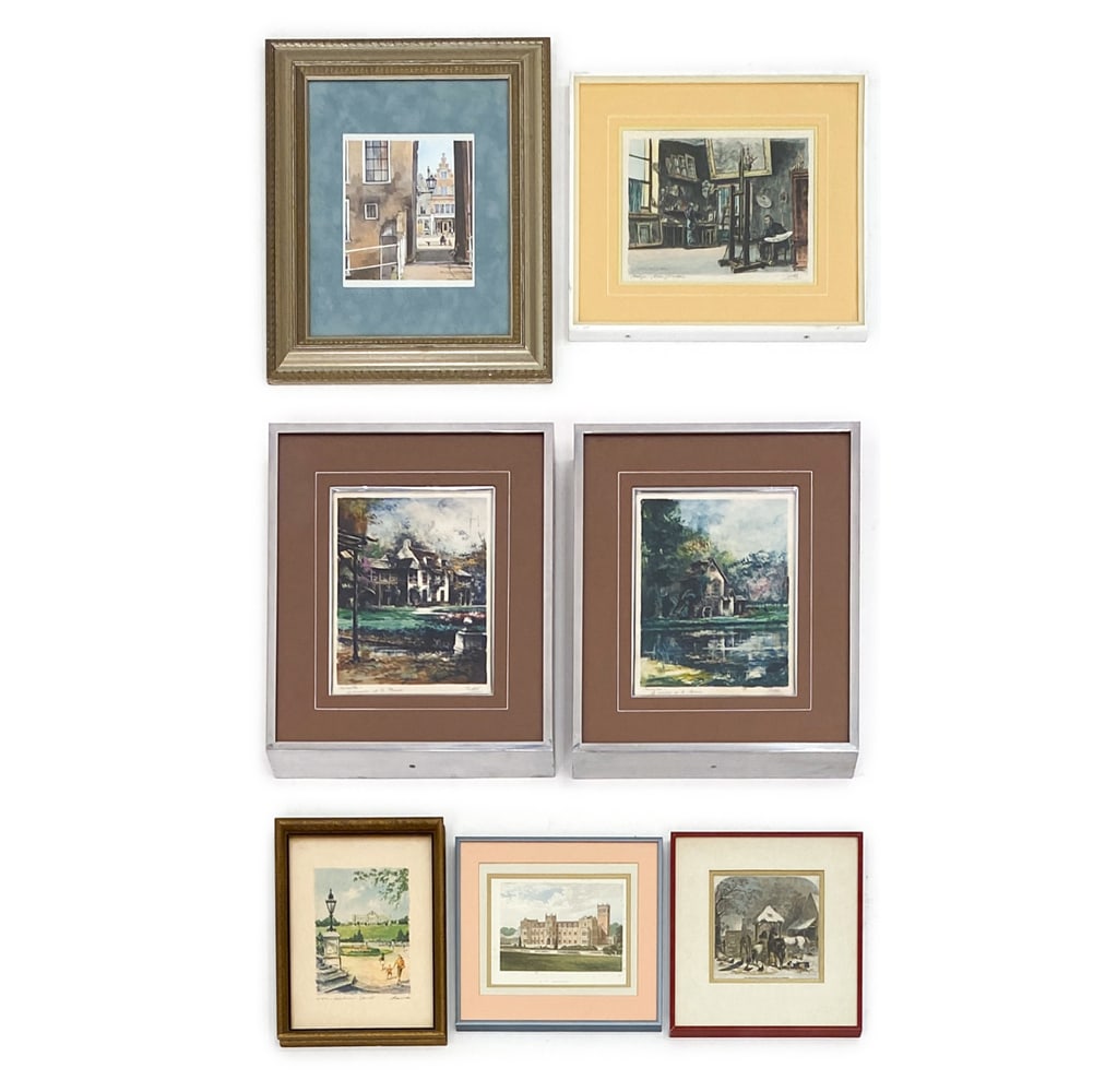 GROUPING OF PRINTS AND WATERCOLORS: Features a grouping of seven artworks including houses in quiet rural areas next to water, Street scenes with people visible in the background, one titled "Millet dans son Atelier", a lady and her chi