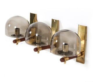 GERMAN BRASS & GLASS WALL SCONCES C. 1960S